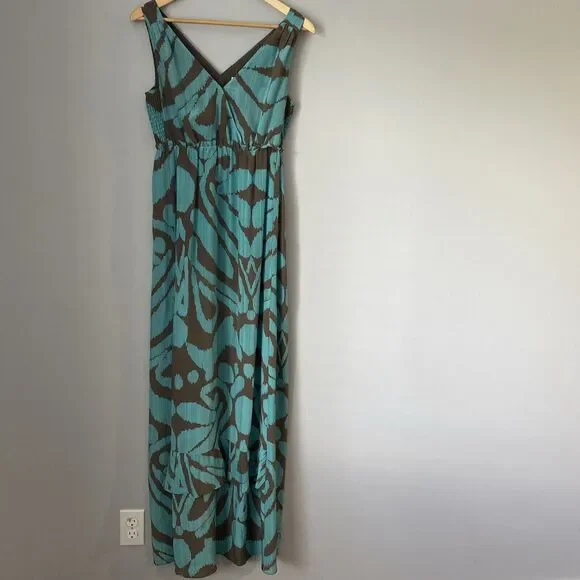 Banana Republic | Dresses | Banana Republic 0 Silk Printed Ruffled Hem Maxi  Long Dress Turquoise Brown 2 | Poshmark